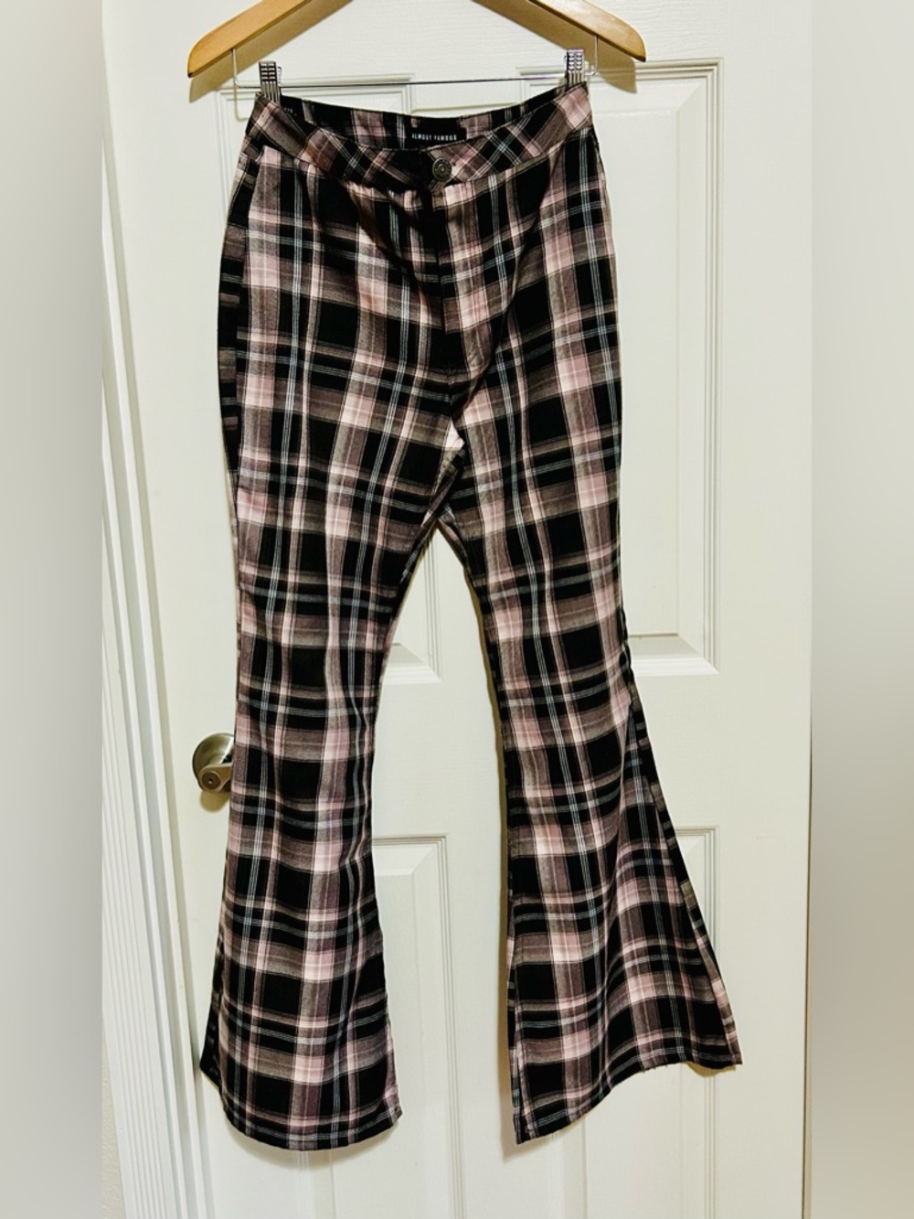 Almost Famous Pink and Black Plaid Flared Pants